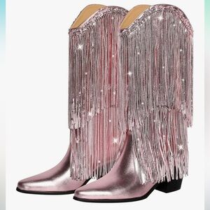 Women's Fringe Western Cowboy Boots Metallic Boots